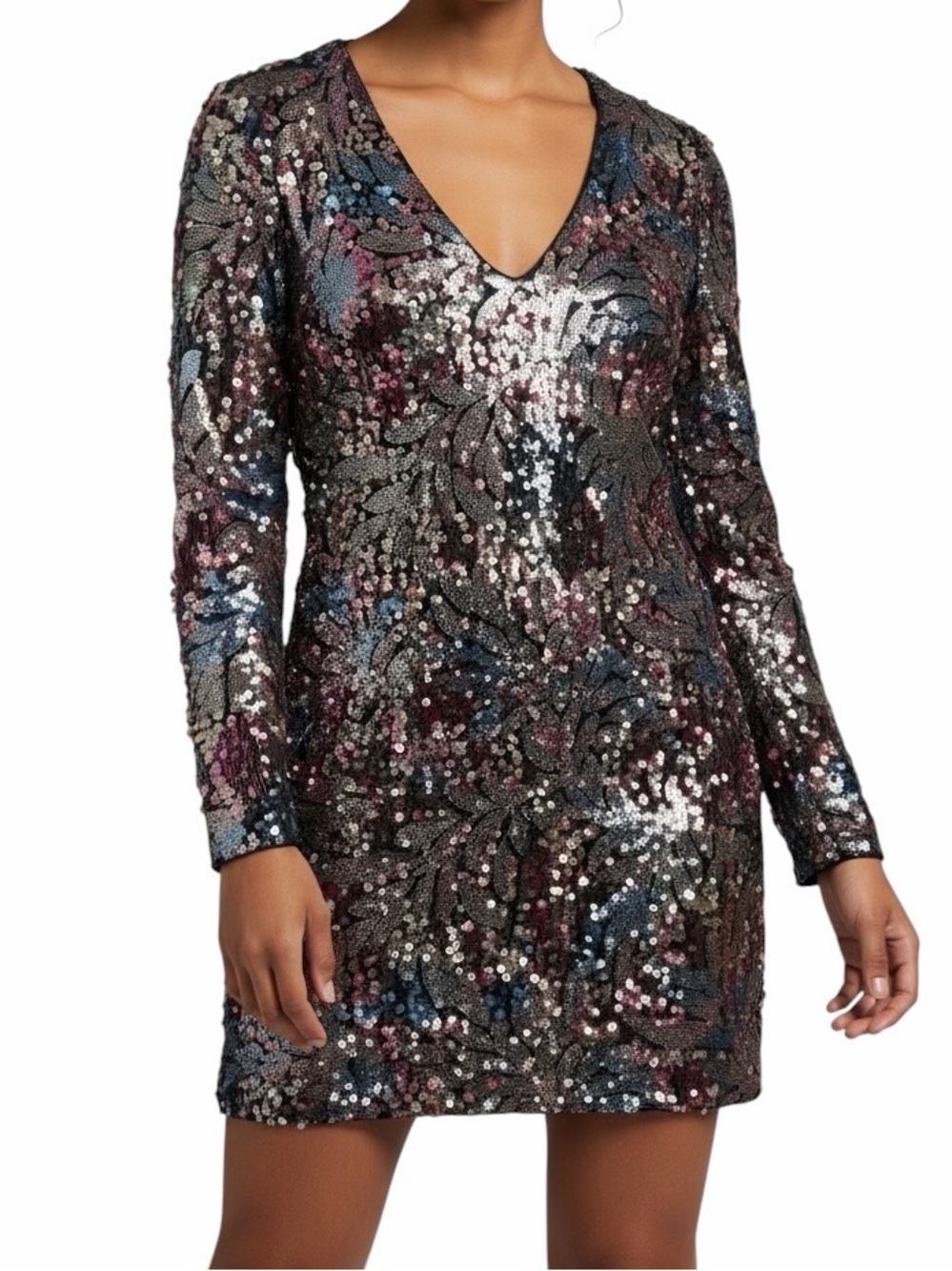 White House Black Market Sequin Sheath Dress LS V-Nk Sequin Mini Size 2P